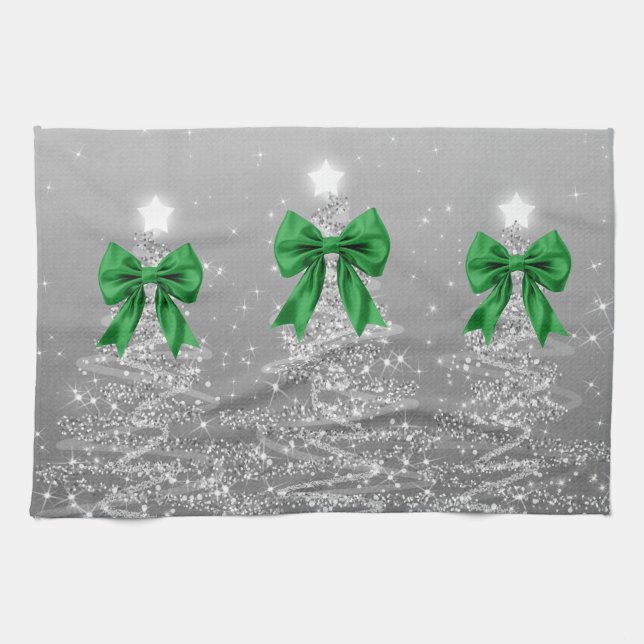 Christmas Sparkling Trees Silver Faux Green Bow  Kitchen Towel (Horizontal)