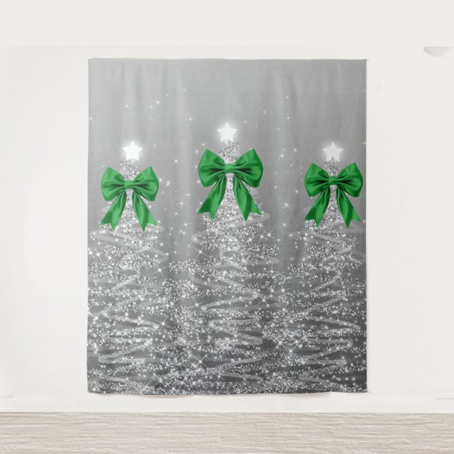 Christmas Sparkling Trees Silver Faux Green Bow  Tapestry (Front)