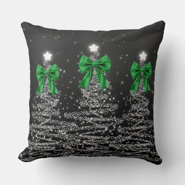 Christmas Sparkling Trees Silver Faux Green Bow  Throw Pillow (Front)