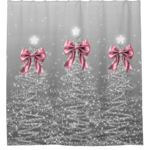 Christmas Sparkling Trees Silver Faux Pink Bow 