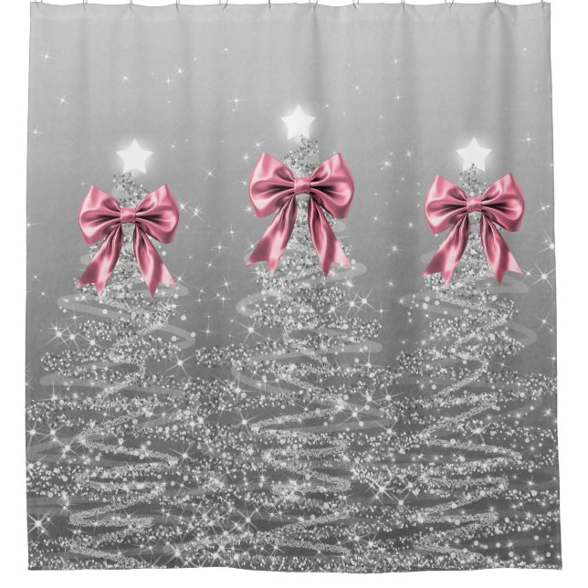 Christmas Sparkling Trees Silver Faux Pink Bow  (Front)