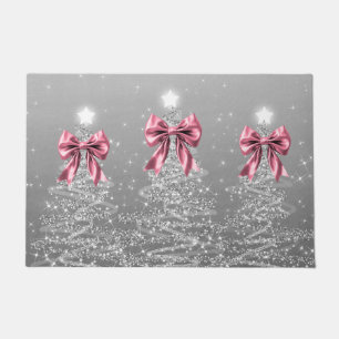 Christmas Sparkling Trees Silver Faux Pink Bow  Doormat
