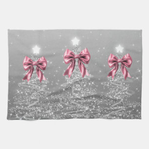 Christmas Sparkling Trees Silver Faux Pink Bow Kitchen Towel