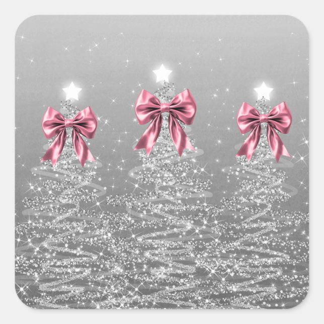 Christmas Sparkling Trees Silver Faux Pink Bow  Square Sticker (Front)
