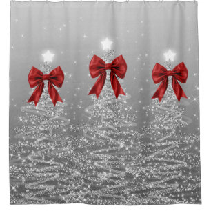 Christmas Sparkling Trees Silver Faux Red Bow 
