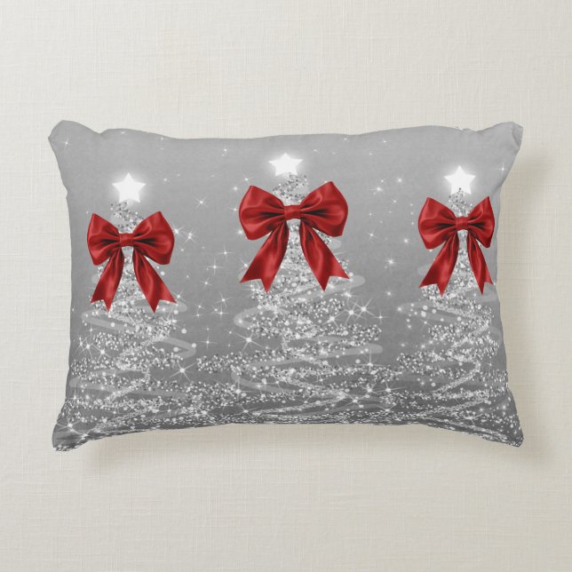Christmas Sparkling Trees Silver Faux Red Bow  Accent Pillow (Front)