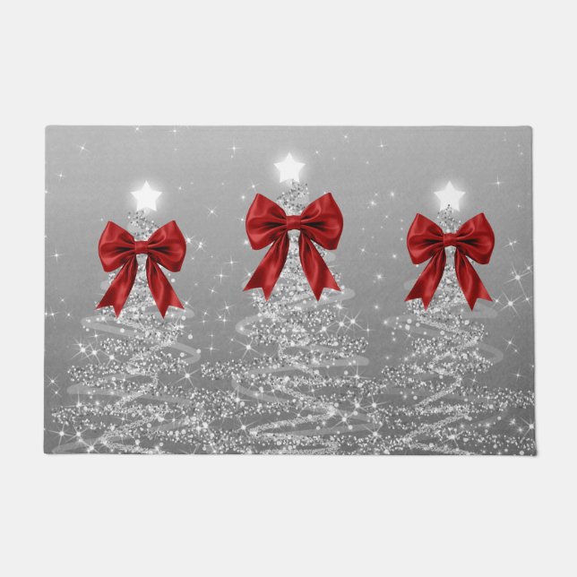Christmas Sparkling Trees Silver Faux Red Bow  Doormat (Front)