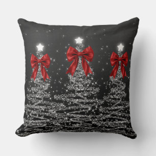 Christmas Sparkling Trees Silver Faux Red Bow Throw Pillow