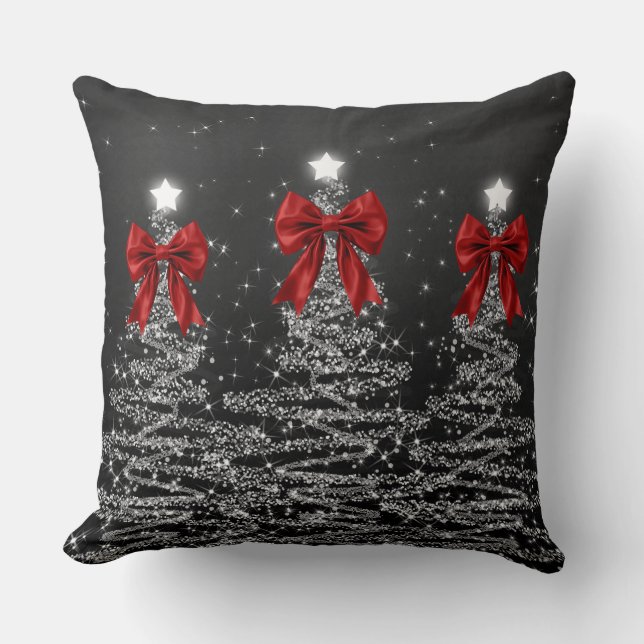 Christmas Sparkling Trees Silver Faux Red Bow  Throw Pillow (Front)