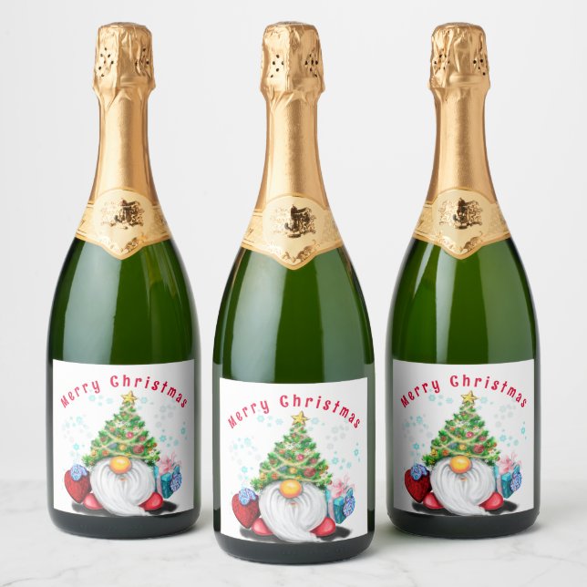 Christmas Sparkling Wine Label Gnome with Gifts (Bottles)