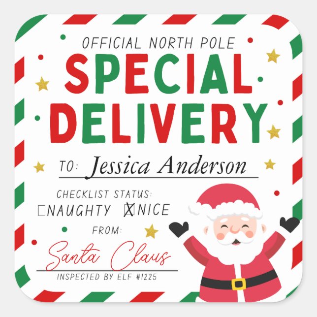 Christmas Special Delivery North Pole Santa Kids Square Sticker (Front)