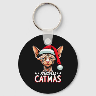 Christmas Sphynx Cat Merry Catmas Santa Hat Xmas Keychain