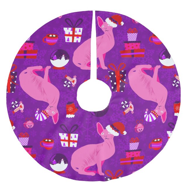 christmas sphynx cat santa sphinx pink brushed polyester tree skirt (Front)