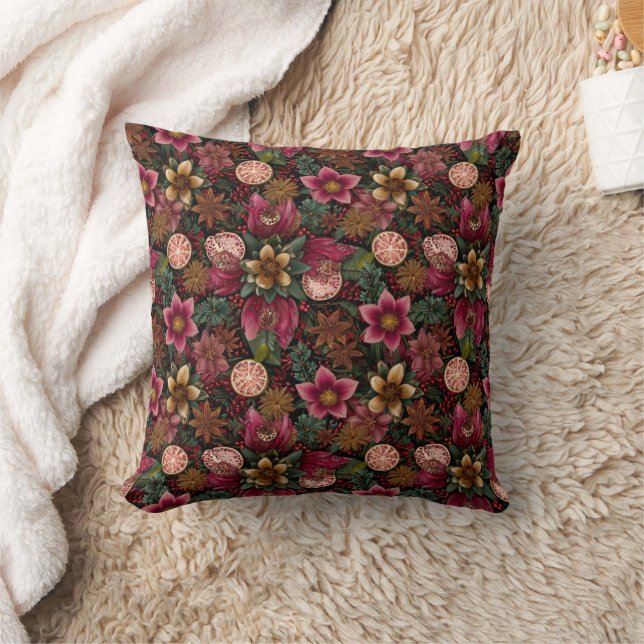 Christmas Spice & Floral Botanical Pattern Throw Pillow (Blanket)