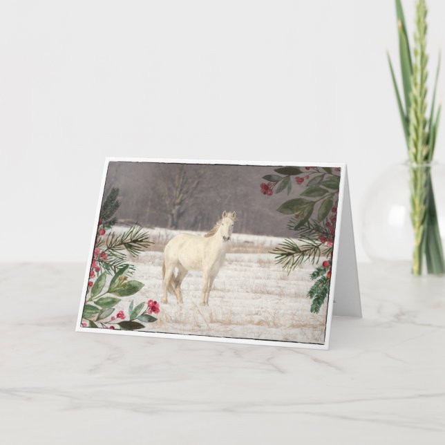 Christmas Spirit White Mustang  Holiday Card (Front)