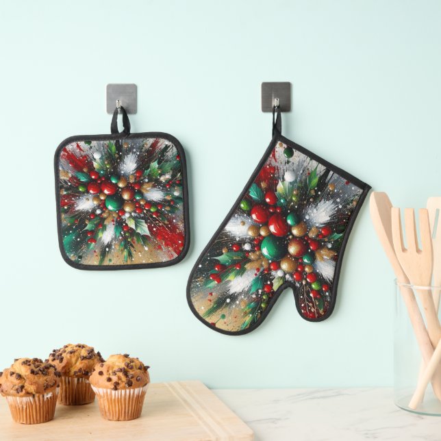 Christmas Splatter / White Bursts  Oven Mitt & Pot Holder Set (Insitu(Hanging))