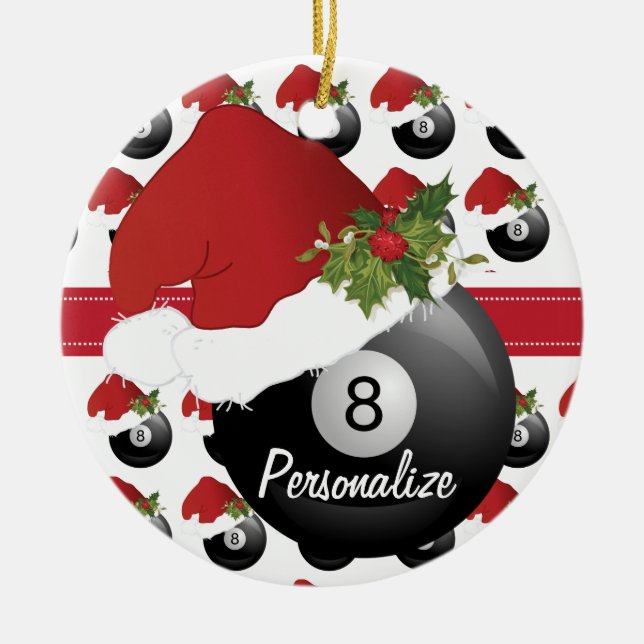 Christmas Sport Billiards Pool Santa Hat Ceramic Ornament (Front)