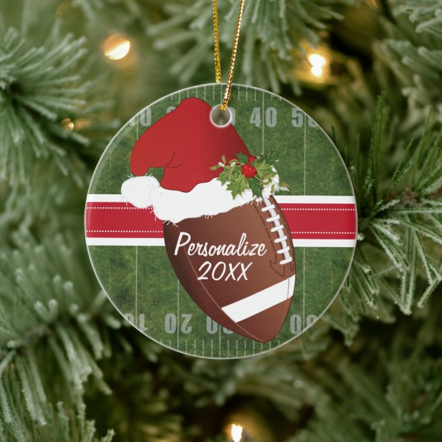 Christmas Sport Football Field Santa Hat Ceramic Ornament (Tree)