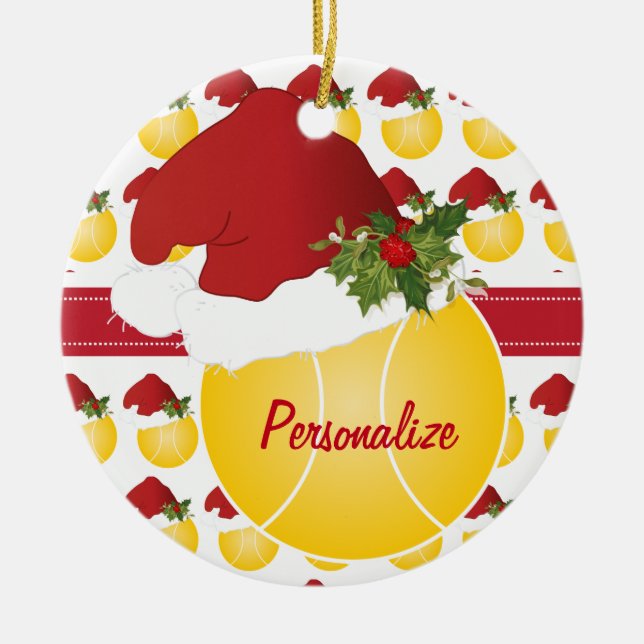 Christmas Sport Tennis Ball Santa Hat Ceramic Ornament (Front)