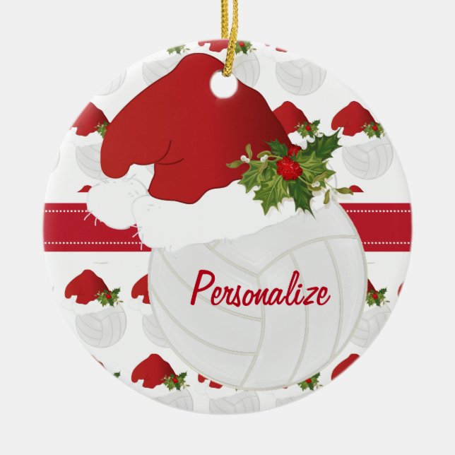 Christmas Sport Volleyball 🏐 Santa Hat 🎅 Ceramic Ornament (Front)
