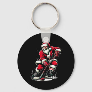 Christmas Sports Santa Plays Ice Hockey  Keychain