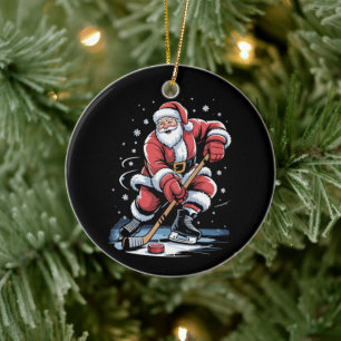 Christmas Sports Santa Plays Ice Hockey Xmas  Ceramic Ornament