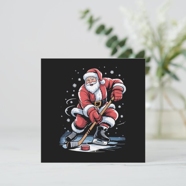 Christmas Sports Santa Plays Ice Hockey Xmas  Holiday Card (Standing Front)