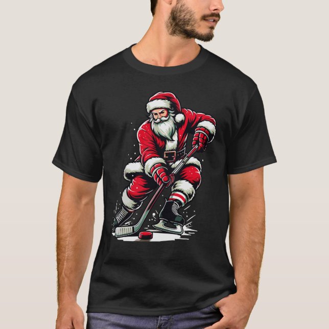 Christmas Sports Santa Plays Ice Hockey Xmas  T-Shirt (Front)