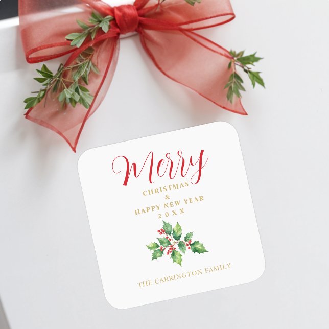 Christmas Sprig Holly Green Leaves & Red Berries Square Sticker (Christmas Sprig Holly Green Leaves & Red Berries Square Stickers.)