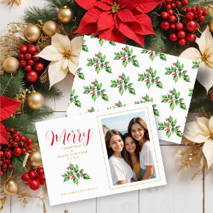 Christmas Sprig Holly Leaves Red Berries Photo Holiday Card