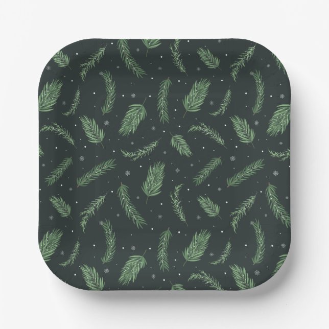 Christmas Spruce Pattern Holiday Party Paper Plate (Front)