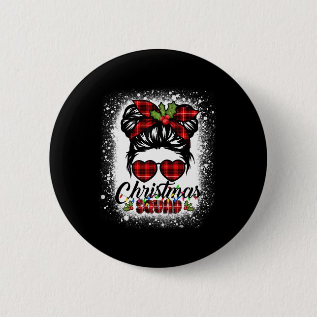 Christmas Squad Messy Bun Buffalo Plaid Leopard Wo 2 Inch Round Button (Front)