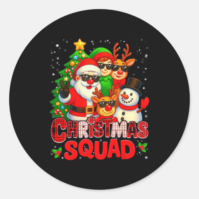 Christmas Squad Plaid Santa Snowman Elf Rudolph Xm Classic Round Sticker (Front)
