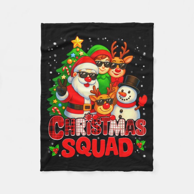 Christmas Squad Plaid Santa Snowman Elf Rudolph Xm Fleece Blanket (Front)