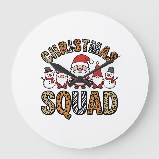 Christmas Squad Santa Snowman Leopard Print Design Large Clock (Front)