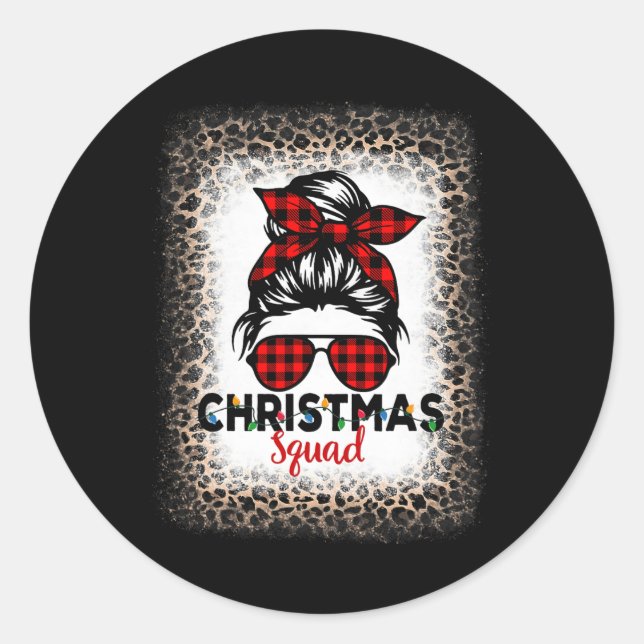 Christmas Squad Women Messy Bun Buffalo Leopard Bl Classic Round Sticker (Front)