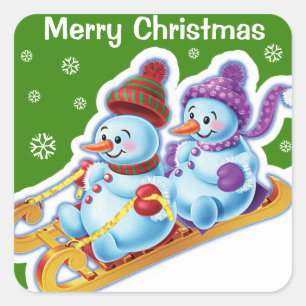 Christmas square sticker Snowmen Snow sports.