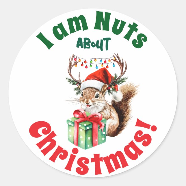 Christmas Squirrel & Antlers & Gift Box  Classic Round Sticker (Front)