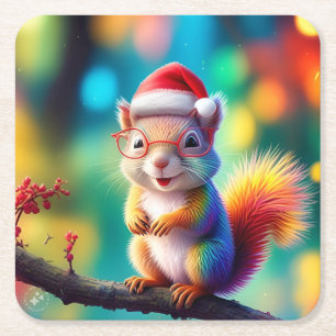 Christmas Squirrel As Santa Claus-56765 Square Paper Coaster