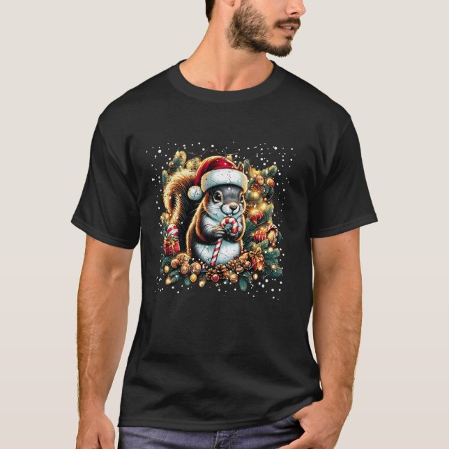 Christmas Squirrel Candy Cane Santa Hat Family Xma T-Shirt (Front)