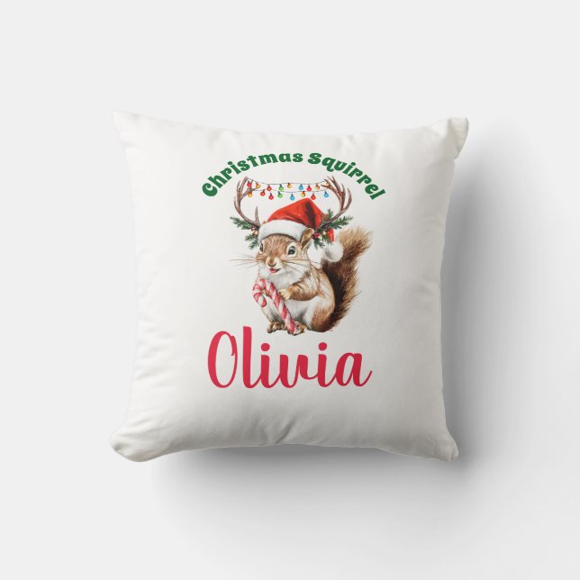 Christmas Squirrel Custom Name Girl's Shirt Funny  Throw Pillow (Front)