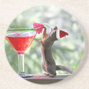 Christmas Squirrel Drinking a Cocktail Coaster