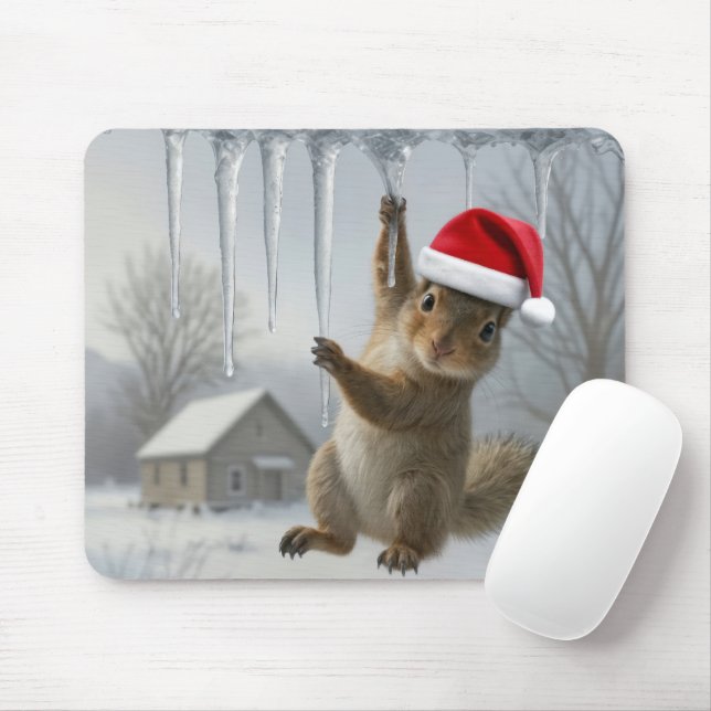 Christmas Squirrel Hanging From an Icicle Mouse Pad (With Mouse)