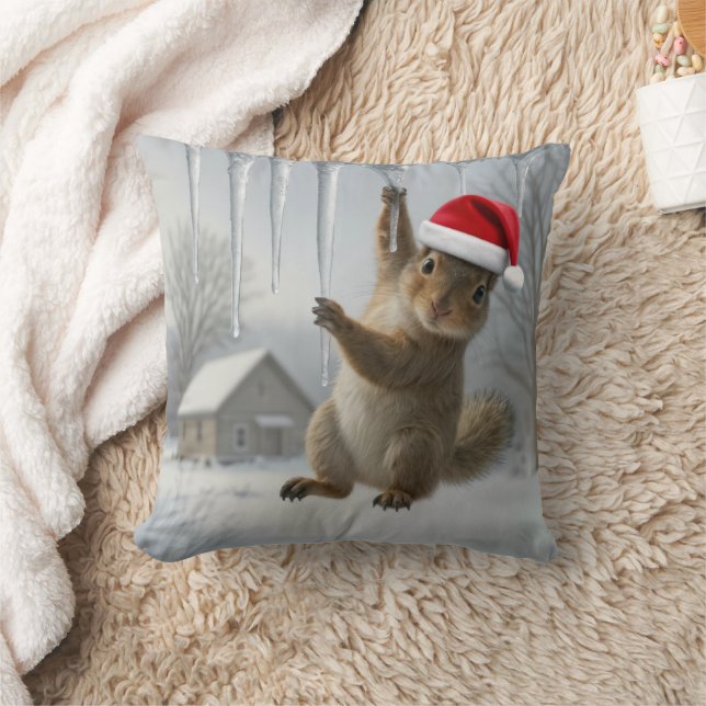 Christmas Squirrel Hanging From an Icicle Throw Pillow (Blanket)