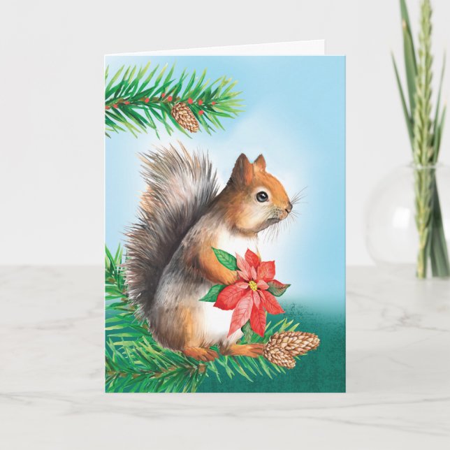 Christmas Squirrel Holding Poinsettia Flower Card (Front)