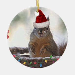 Christmas Squirrel in Basket with Snow Ceramic Ornament
