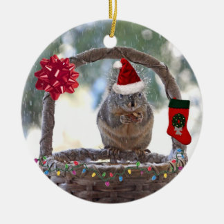 Christmas Squirrel in Snowy Basket Ceramic Ornament