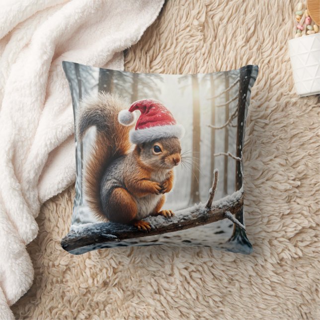 Christmas Squirrel On Snowy Tree Branch Throw Pillow (Blanket)