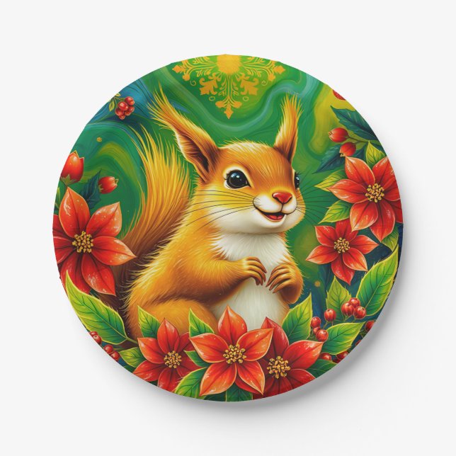 CHRISTMAS SQUIRREL~ Pretty red green yellow" Paper Plate (Front)