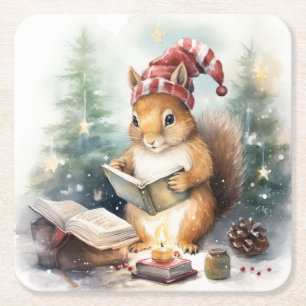 Christmas Squirrel reading Square Paper Coaster
